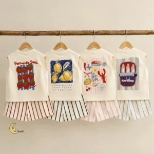 تاپ و شلوارک نخی دخترانه و پسرانه طرح راه راه تابستانی سایز 2 تا 6 سال